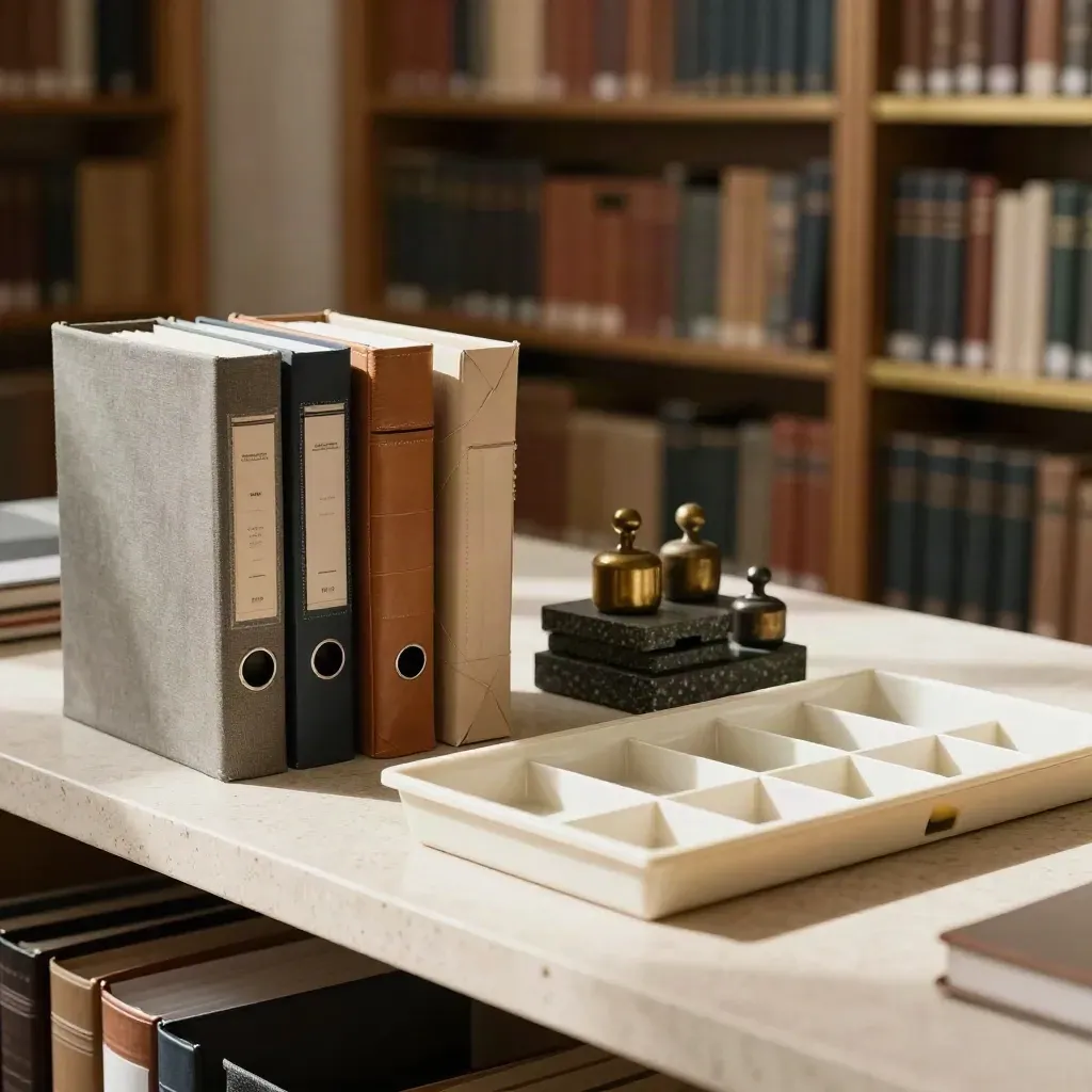 Closed comparison binders and ivory archival trays on a travertine shelf in soft daylight.