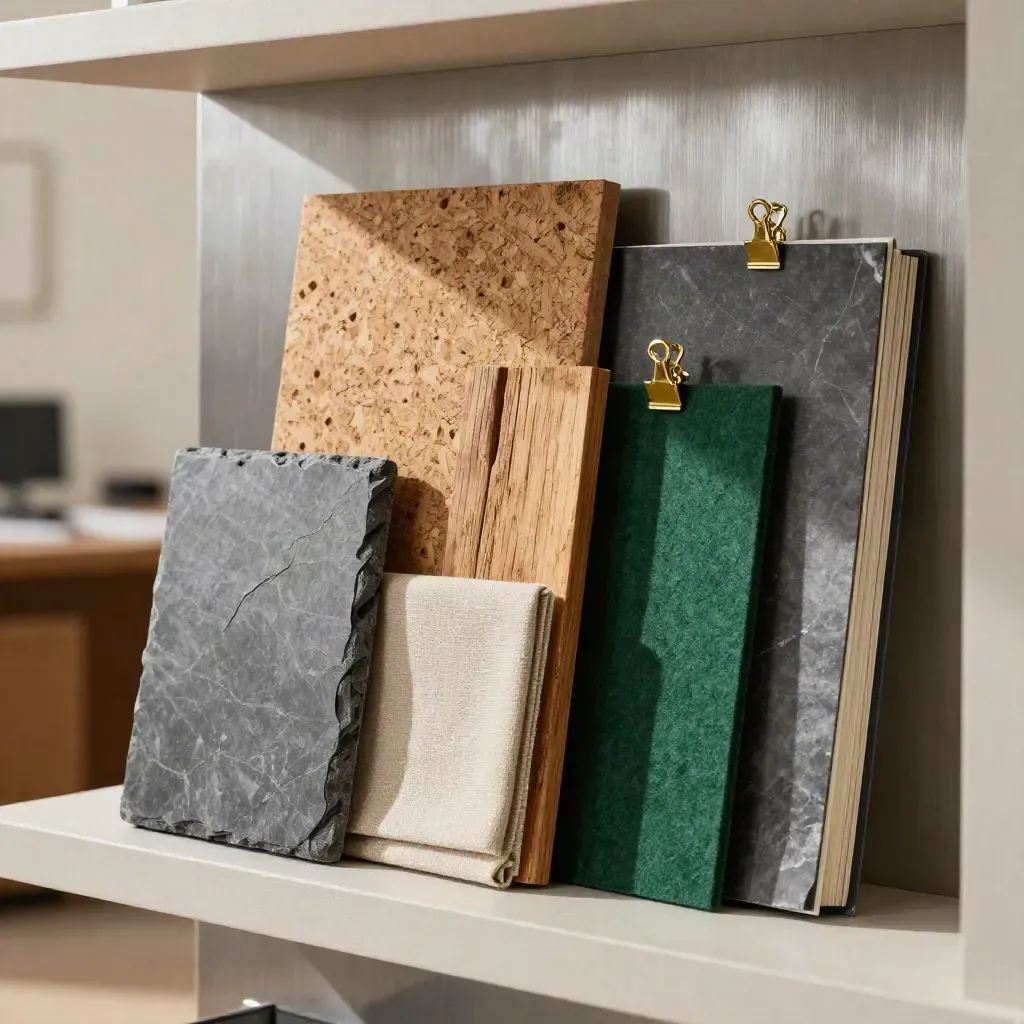 ESG screening shelf with cork, slate, oak, linen, folio and brass clips in soft daylight