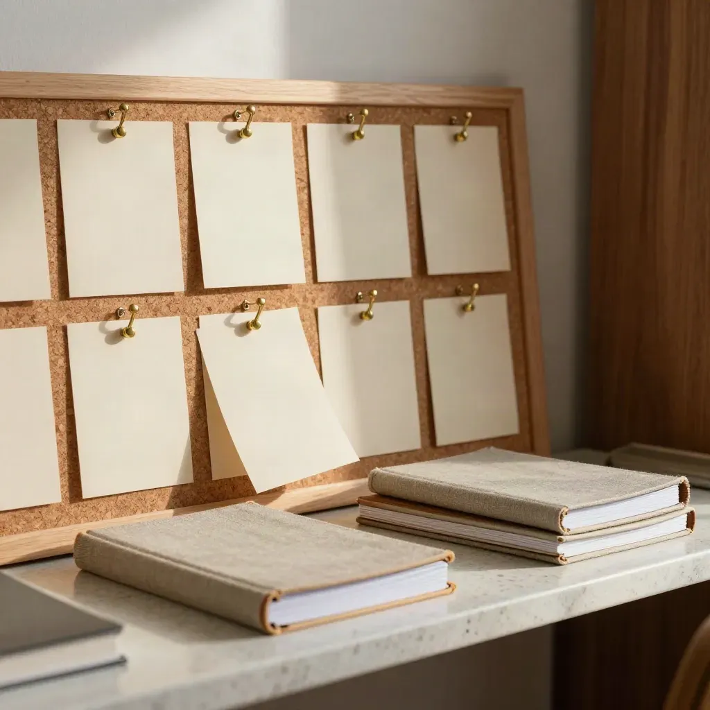 Cork board shortlist with brass rail and closed notebooks in a warm travertine study corner.