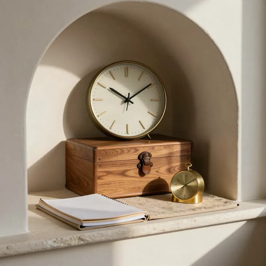 Retirement-planning still life with clock face, oak box, wool mat and brass timepiece in a hazy study corner