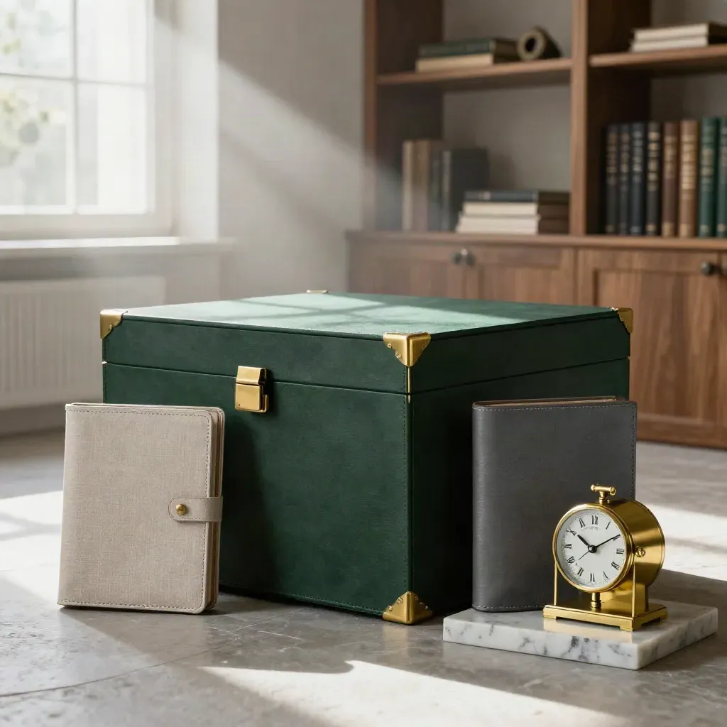Green bond archive box, balanced portfolio cases and a clock in a Vienna office archive