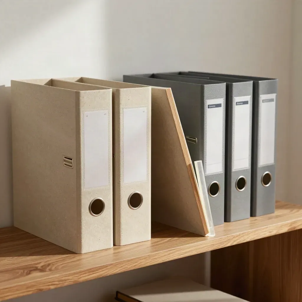Closed fund binders, oak divider and quartz marker on a Berlin shelf in soft daylight