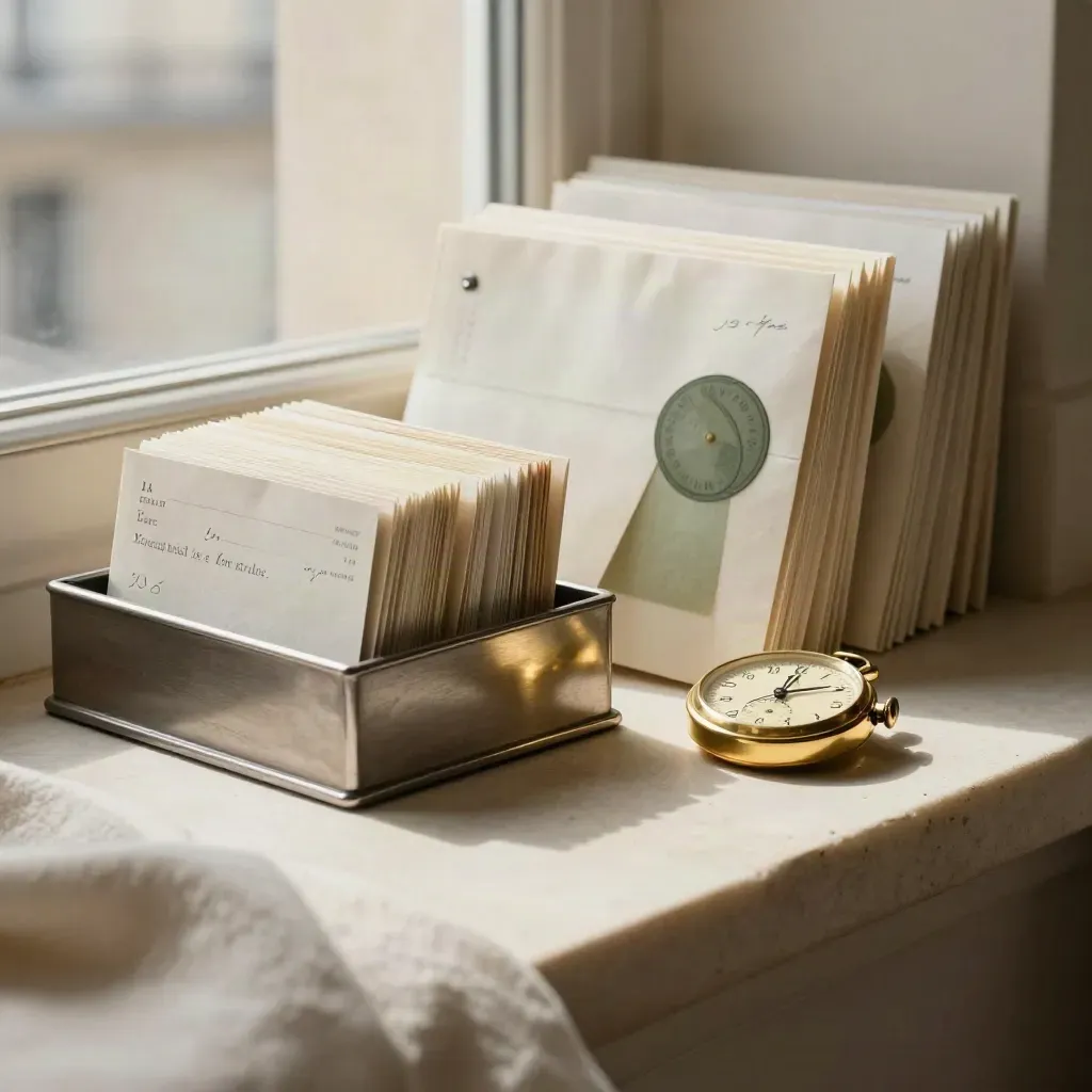Brass timepiece, ivory bond sleeves and a pewter term-note tray on a hazy Paris limestone ledge.
