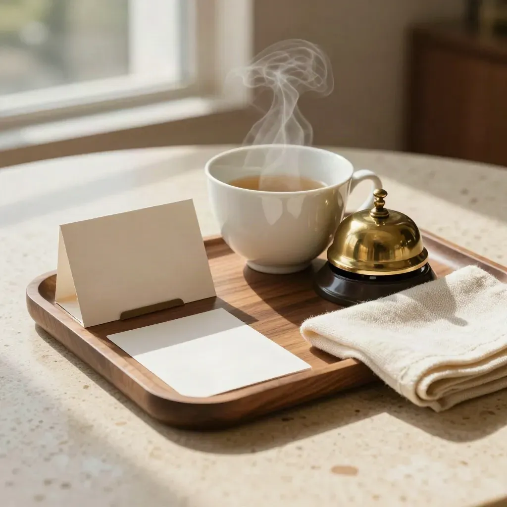 Steam from a tea cup beside brass bell and blank cards on a walnut tray, warm advisory still life.