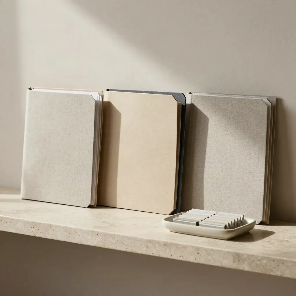 Stone-shelf still life of portfolio folders, slate weight and ceramic tray under soft side light.