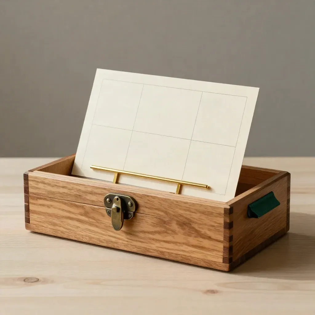 Wooden rule box with brass latch, folded ivory card, and green tab on pale wood.
