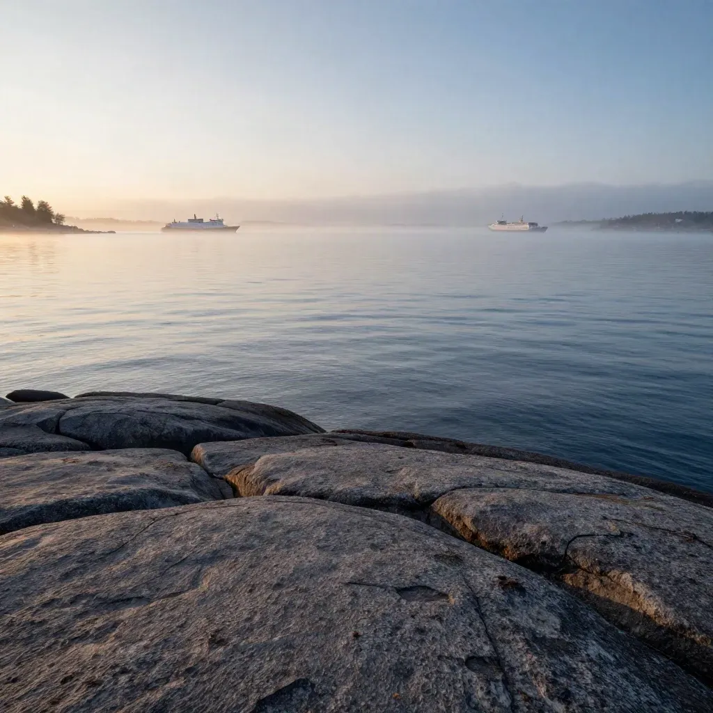 Blue-hour Stockholm shoreline with granite, mist, and ferries over calm water